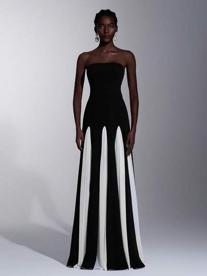 Elitara 优雅浪漫时尚的黑白撞色弹力面料雪纺裙摆褶裥露肩A字长款礼服，适合派对、婚礼宾客、黑白伴娘等场合。