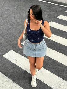 Muchica 大码休闲水钻装饰优雅休闲度假工作/办公室早午餐仙气舒适女式白色亮面背心，适合俱乐部、夜店等场合，性感时尚，适合日常穿着，夏季/春季皆宜 - 藏蓝色 - 查看 5