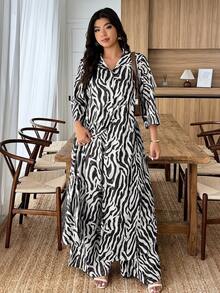 Weeklong Plus Size Women Zebra Print 3/4 Sleeve Long Shirt And Wide Leg Pants Loose 2 Pieces Set - Black and White - View 5