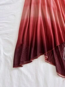 Soleia 女士渐变印花不对称下摆褶皱胸部吊带中长连衣裙，性感迷人，适合海滩、约会、度假、海滩假期、婚礼、邮轮等场合。 - 酒紅色 - 查看 4