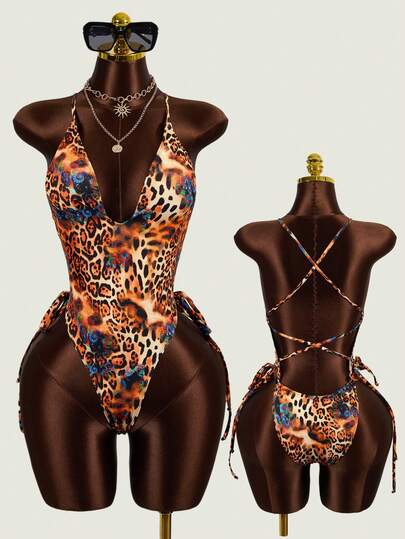 Zestiva Women's 26SS Spring/Summer Beach Outfit, One-Piece, Sexy & Elegant For Beach Vacation, Island Resort, Wild & Neon Bright Leopard Print, Deep V-Neck, Multi-Strap Backless, High-Cut Leg, Romper