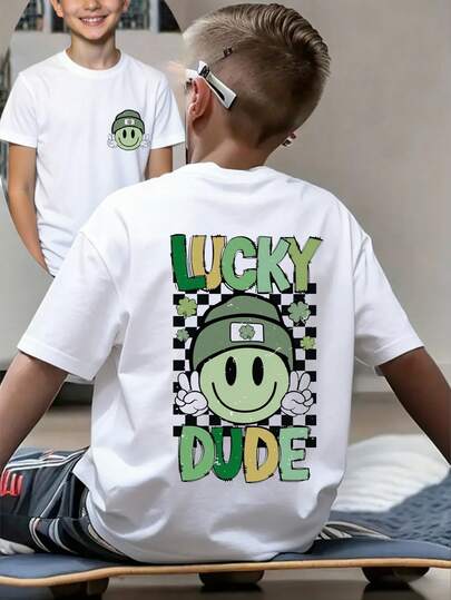 男童休闲时尚舒适简约百搭创意棋盘格、人脸、四叶草“幸运小子”图案短袖T恤，适合夏季外出穿着