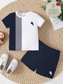 Bộ đồ thường ngày 2 món cho bé trai, áo thun tay ngắn in logo polo phối sọc màu, quần short màu xanh navy, thích hợp cho các hoạt động mùa hè. - Nhiều màu - Xem 3