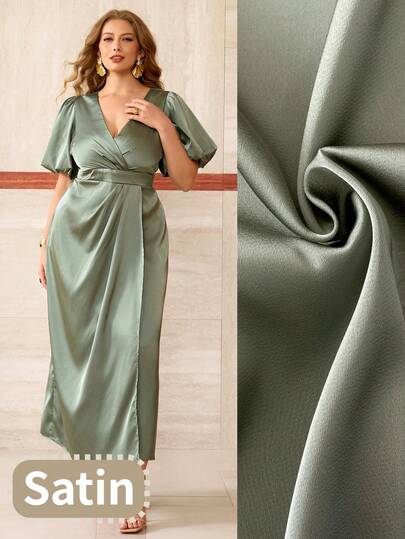 Roveilla 大码女式缎面V领褶皱下摆开衩泡泡袖长款连衣裙，优雅法式复古通勤商务度假休闲街头风简约百搭连衣裙，适合婚礼、情人节、下午茶、派对、春夏等场合。