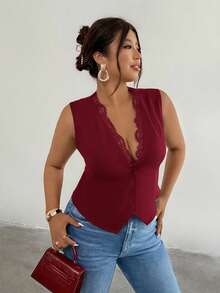 Firerie Plus Size Summer Casual Contrast Lace Solid Color Single-Breasted Vest - Redwood - View 7