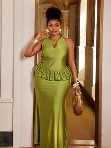 Maweii Plus Size Elegant V-Neck Sleeveless Ruffle Patchwork Bodycon Skirt 2-Piece Set - Green - View 6