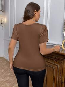SHEIN Privé Plus Size Women's Ruched Keyhole Neck Drawstring Puff Sleeve Fitted Brown T-Shirt, Summer Tops Blouse Coffee Top Chocolate - Coffee Brown - View 2