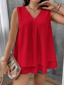 SHEIN CURVE+ 加大码 US22 音乐节、海滨度假、波西米亚情人节女士 V 领无袖荷叶边休闲衬衫 - 紅色 - 查看 8