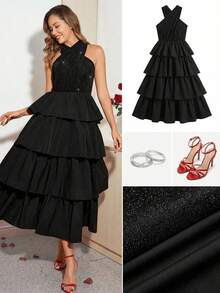 Ellevyn Đầm nữ màu trơn bóng, kiểu dáng thời trang, thanh lịch, cổ yếm, thích hợp cho mùa xuân hè, che khuyết điểm vòng bụng, thích hợp cho ngày Valentine, lễ hội, đầm đính đá, đầm sinh nhật, đầm dạ hội. - màu đen - Xem 13