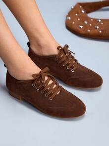 CUCCOO GRLICON Women's Lace-Up Casual Versatile Low Heel Shoes - Chocolate Brown - View 1