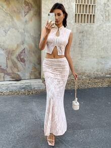 EastFlair 蕾丝透视无袖上衣和透视半裙性感内衣套装 - 米色 - 查看 4