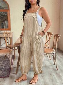 EMERY ROSE Bộ jumpsuit nữ cỡ lớn thanh lịch kẻ sọc có túi, dây rút, phù hợp cho công sở, mùa xuân/hè. - Màu vàng - Xem 3
