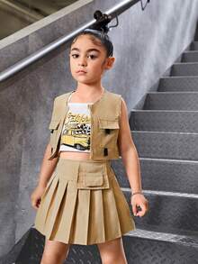 SHEIN Explorewe 年輕女孩3件套裝(小車與字母圖案的背心、襯衫+塗層細節百褶裙+拉鍊背心外套) - 彩色 - 查看 5