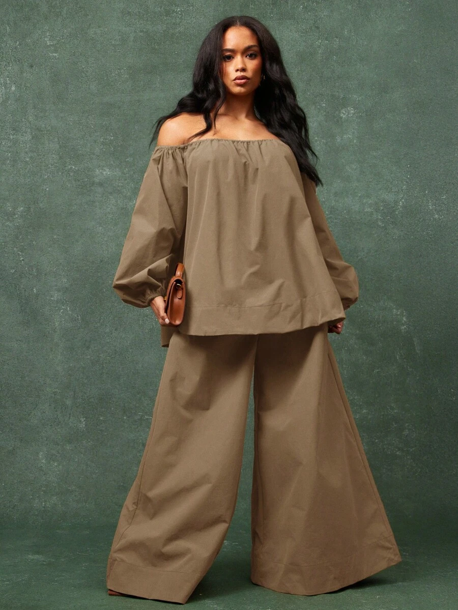 Vixey Elasticized Off Shoulder Long Sleeve Oversized Top - Coffee Brown - View 1