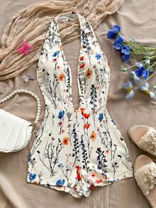 Soleia Women's Vacation White Knit Textured Wavy Pattern Deep V Neck Backless Sexy Bodysuit, Fashionable Fitted Romper For Party, Date, Afternoon Tea, Boho Vacation, Beach, Summer - Multicolor - View 5