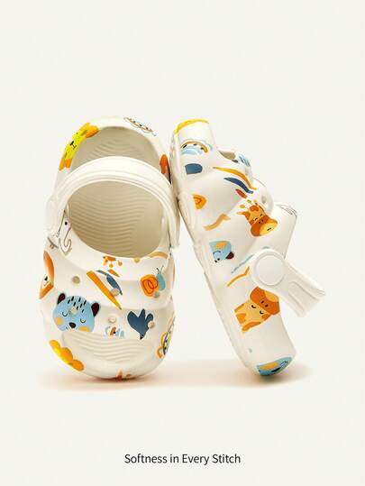 Cozy Pixies A Pair Of Baby Breathable Closed Toe Summer Cute Little Animal Print Slip-On Clog Shoes Children's Outdoor Beach Non-Slip Slippers Daily Home Slippers