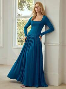 MOTF PREMIUM 女士长袖方领褶裥下摆纯色优雅修身连衣裙，春夏款 - 寶藍色 - 查看 4