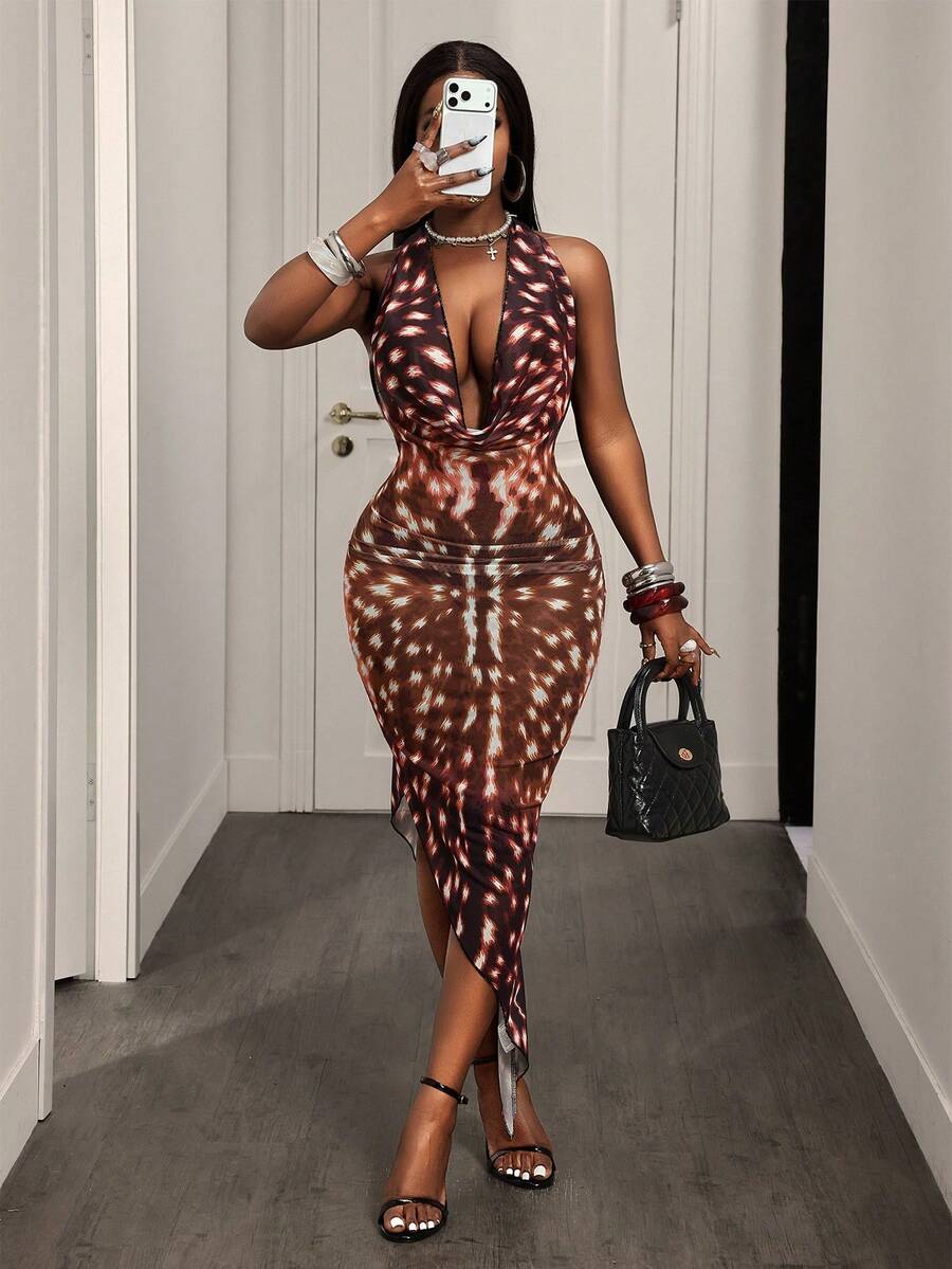 SHEIN Women's Fashionable Sexy Halter Backless Loose Dress - Multicolor - View 1