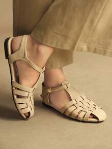 Rosivie 25款春夏新款杏色闭趾编织镂空复古设计平底女鞋 - 杏色 - 查看 2