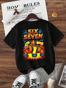SHEIN GraphicGems 1件青少年男童休闲时尚创意个性化清新高端简约数字67卡通人物标语印花舒适基础款短款T恤，适合春、夏、秋季穿着。 - 黑色 - 查看 4