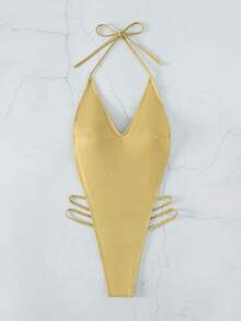 Swim SXY 2件装金属丝纯色性感丁字比基尼，绑带沙滩泳装，热销款 - 金色 - 查看 4