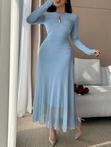 DAZY Vestido Midi Elegante Feminino de Cor Sólida com Recortes Vazados e Pregas, Vestido de Convidada de Casamento Primavera/Verão Vestido Longo Vestido Casual - Azul - Visão 3