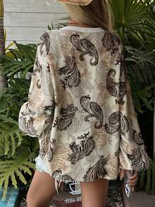 Livesso 春夏花卉几何印花波西米亚风雪纺衬衫，休闲度假修身优雅办公装撞色镂空V领长袖女式衬衫 - 卡其色 - 查看 5