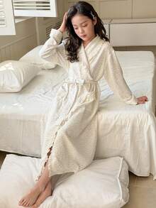 DAZY Tween Girls' Long Sleeve Dropped Shoulder Ruffle Polka Dot Loose Fit Loungewear - Beige - View 6