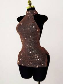 Flirla Women's Rhinestone Halter Super Short Dress,Brown,Summer,70s Retro,Club Night,Party,Rave Sparkle Glitter Bling Glitz And Glam Dress Holiday Gatherings - Chocolate Brown - View 3