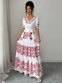Elenzga Women's New Fashionable And Elegant Red & White Placement Print V-Neck Short Sleeve A-Line Elastic Waist Design Tassel Belt Maxi Dress, Suitable For Commuting, New Year, Streetwear, French Romantic, Casual, Middle Eastern Retro, Afternoon Tea, Party, Thanksgiving, Back To School, Spring/Summer - Red and White - View 3