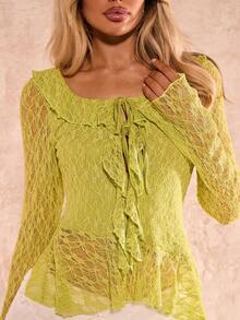SHEIN Glamour Delicate French Style Mint Green Lace Ruffle Trim Lightweight Lace Fabric T-Shirt With Sheer Hazy Effect, Featuring Layered Ruffle Trim At Neckline, Hem And Cuffs, Plus Front Tie Detail, Sweet And Feminine Yet Slightly Sexy, Suitable For Casual Outings And Gatherings With Friends Lime Green Top Ruffled Top Primavera A Verano Lace Long Sleeve Top - Green - View 1