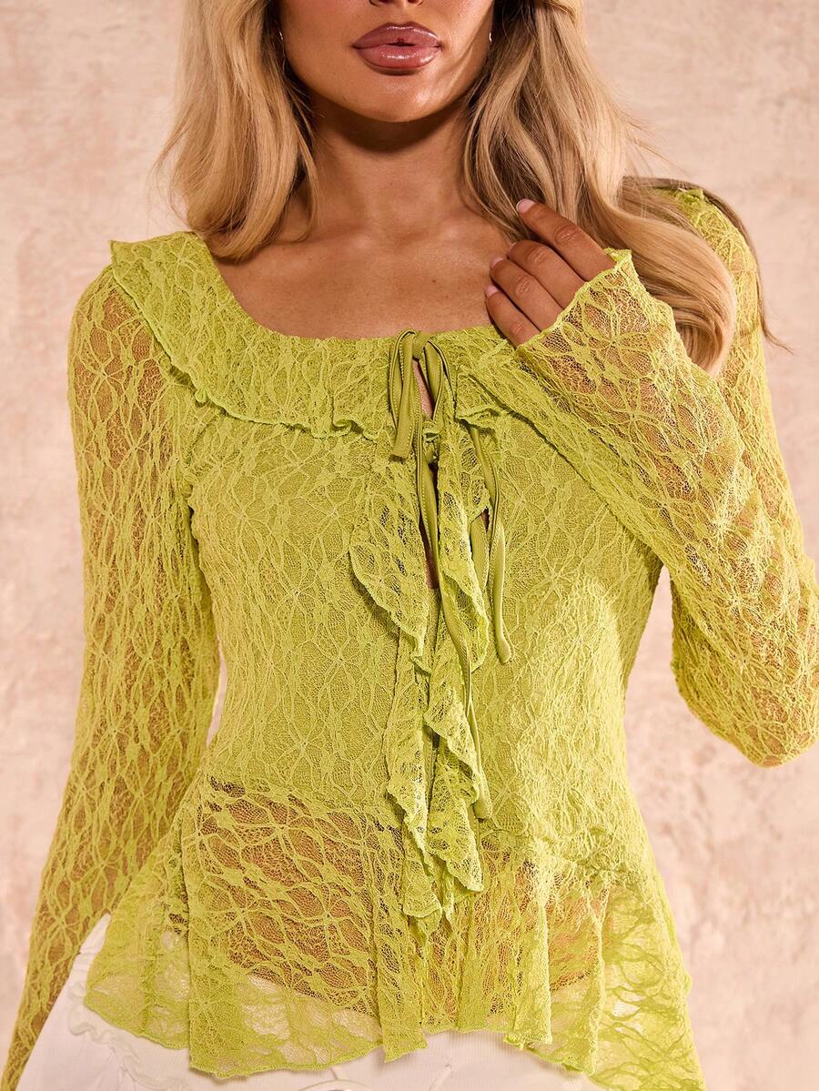 SHEIN Glamour Delicate French Style Mint Green Lace Ruffle Trim Lightweight Lace Fabric T-Shirt With Sheer Hazy Effect, Featuring Layered Ruffle Trim At Neckline, Hem And Cuffs, Plus Front Tie Detail, Sweet And Feminine Yet Slightly Sexy, Suitable For Casual Outings And Gatherings With Friends Lime Green Top Ruffled Top Primavera A Verano Lace Long Sleeve Top - Green - View 1