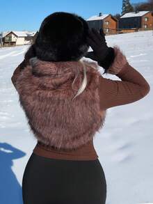 salliqueen Fashionable Street Style Faux Fur Zipper Long Sleeve Jacket For Women,Fall Clothes - Brown - View 2