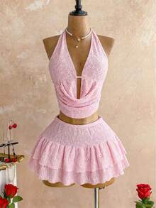 SHEIN Sweetro 时尚性感深V领A字层叠裙套装，露背美式提花面料，尽显女性性感魅力 - 粉色 - 查看 1