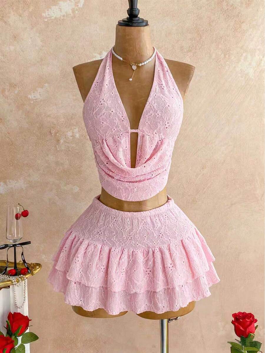 SHEIN Sweetro 时尚性感深V领A字层叠裙套装，露背美式提花面料，尽显女性性感魅力 - 粉色 - 查看 1