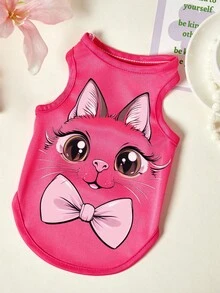 PETSIN 1pc Kitten Bow Printed Pet Vest, Breathable And Skin Friendly, Rose Red Style - Hot Pink - View 1