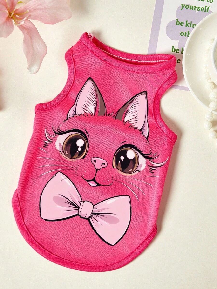 PETSIN 1pc Kitten Bow Printed Pet Vest, Breathable And Skin Friendly, Rose Red Style - Hot Pink - View 1