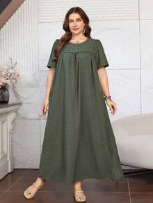 Lacomfia Casual Minimalist Pom-Pom Jacquard Round Neck Loose Fit Regular Midi Dress, Plus Size, Spring/Autumn - Green - View 3