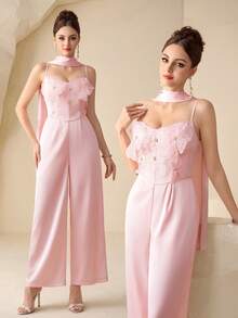 Modelyn 女士优雅3D立体花卉装饰连体裤，适合约会和派对穿着 - 粉色 - 查看 4