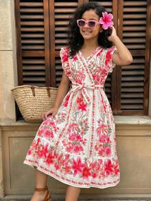 Girls' (Large) Spring/Summer Vacation Beach Floral Bohemian Colorful Ruffled Wrap Collar Fitted Waist Midi Dress - Multicolor - View 2