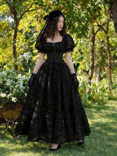 SHEIN MOD Women's Vintage Bubble Sleeve Lace Jacquard Black Waist Belt Long Dress Black Lace Dresses Gothic Summer Clothes Europe Outfits Black Summer Dresses,Valentine's Day,Valentine Outfits For Women,Carnival, Gothic Summer Dress, Concert Outfit,Victorian Style Vintage Dress,