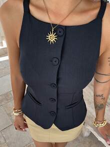 Livesso Fitted Solid Color Front Slit Casual Tank Top For Women - Navy Blue - View 2