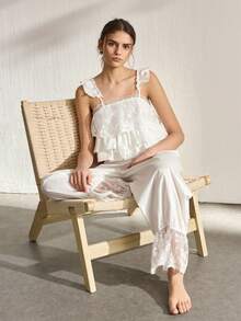 Ocili Comfortable Cotton Soft Jacquard Embroidered Lace Camisole Pants Women Pajama Set - White - View 6