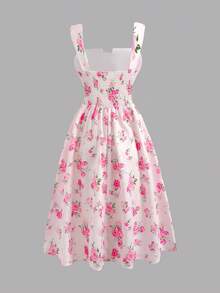 SHEIN Vestido casual de vacaciones con estampado floral, decoración de rosa y lazo para niñas preadolescentes, primavera/verano - Rosa - Ver 2