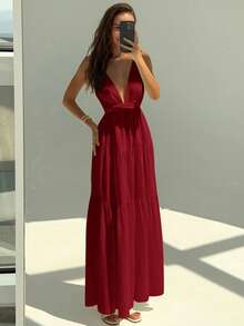 Aloruh Women's Deep V-Neck Tie Waist A-Line Dress, White, Vacation/Holiday - Burgundy - View 6