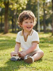 Cozy Pixies 男婴宽松版型 Polo 衫，立领，短袖，半开襟，面料 - 白色 - 查看 1