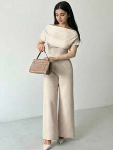 SHEIN Teen Girls T-Shirt Co-Ords Summer New Arrival Simple Elegant Daily Casual Linen Commuter Wide Collar Off Shoulder Blouse And Wide Leg Pants Suit Beige Culottes Linen Two Piece Set Off Shoulder Top Beige V Neck Top Neutral Two Piece Set - Apricot - View 4
