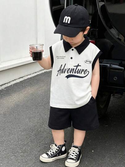 SHEIN 2件套幼儿男童休闲撞色短袖Polo衫和短裤套装，春夏男婴服装，套装，街头服饰