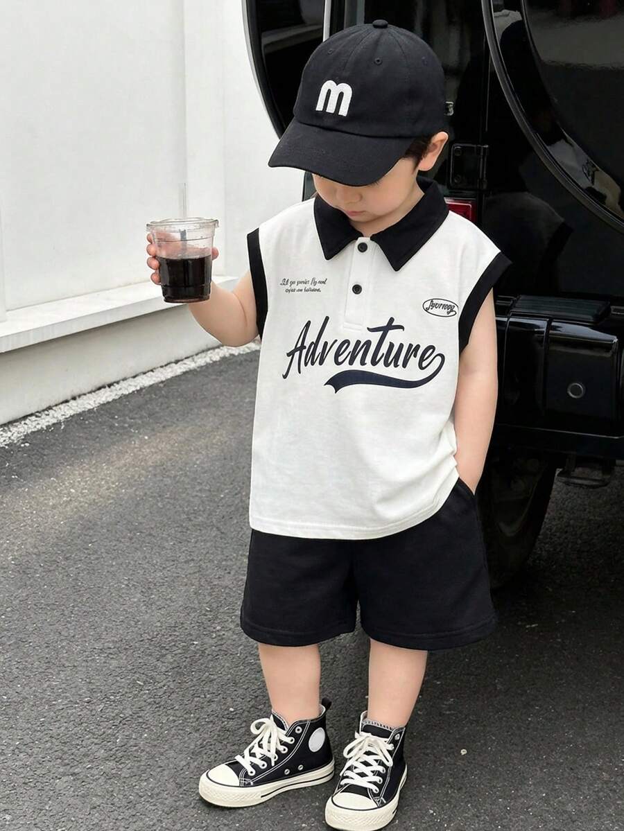 SHEIN Bộ 2 món áo polo tay ngắn và quần short phối màu cho bé trai, quần áo mùa xuân/hè, trang phục đường phố. - Đen và trắng - Xem 1