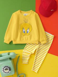 LOONEY TUNES X SHEIN 2 件套女婴卡通崔迪鸟刺绣卫衣和黄白条纹印花打底裤，适合秋冬季 - 黃色 - 查看 1